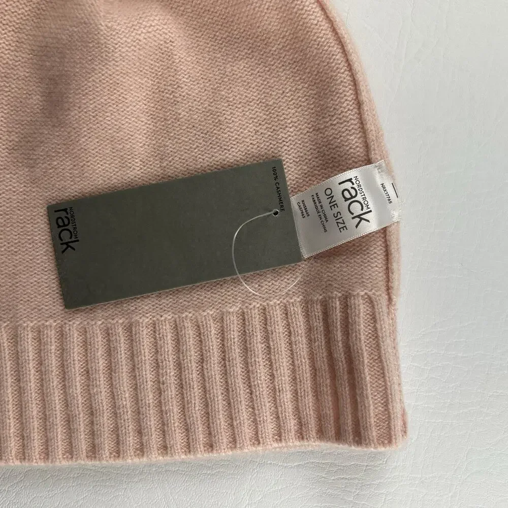 Nordstrom Rack 100% Cashmere Beanie Pink Ribbed Cuff Knit Winter Hat NWT
